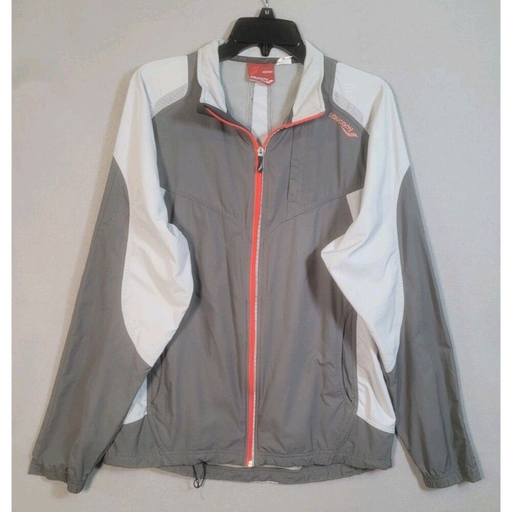 Saucony Jacket Mens M Gray Red Full Zip Windbreaker Running Hi Vis Lightweight